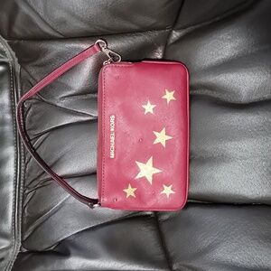 Michael Kors Large Leather Top Zip Wristlet Wallet Red Cherry Gold Stars